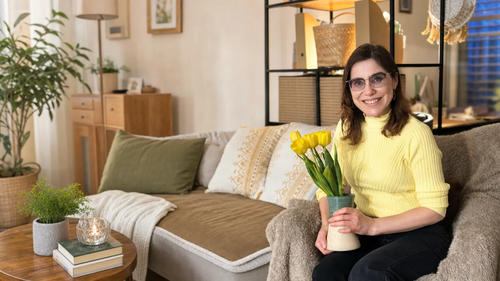Svetlana Simonova holding yellow tulips